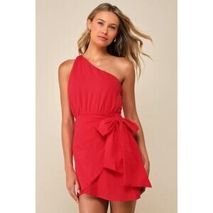 NWT Lulus Forever Summer Red One-Shoulder Faux Wrap Mini Dress L